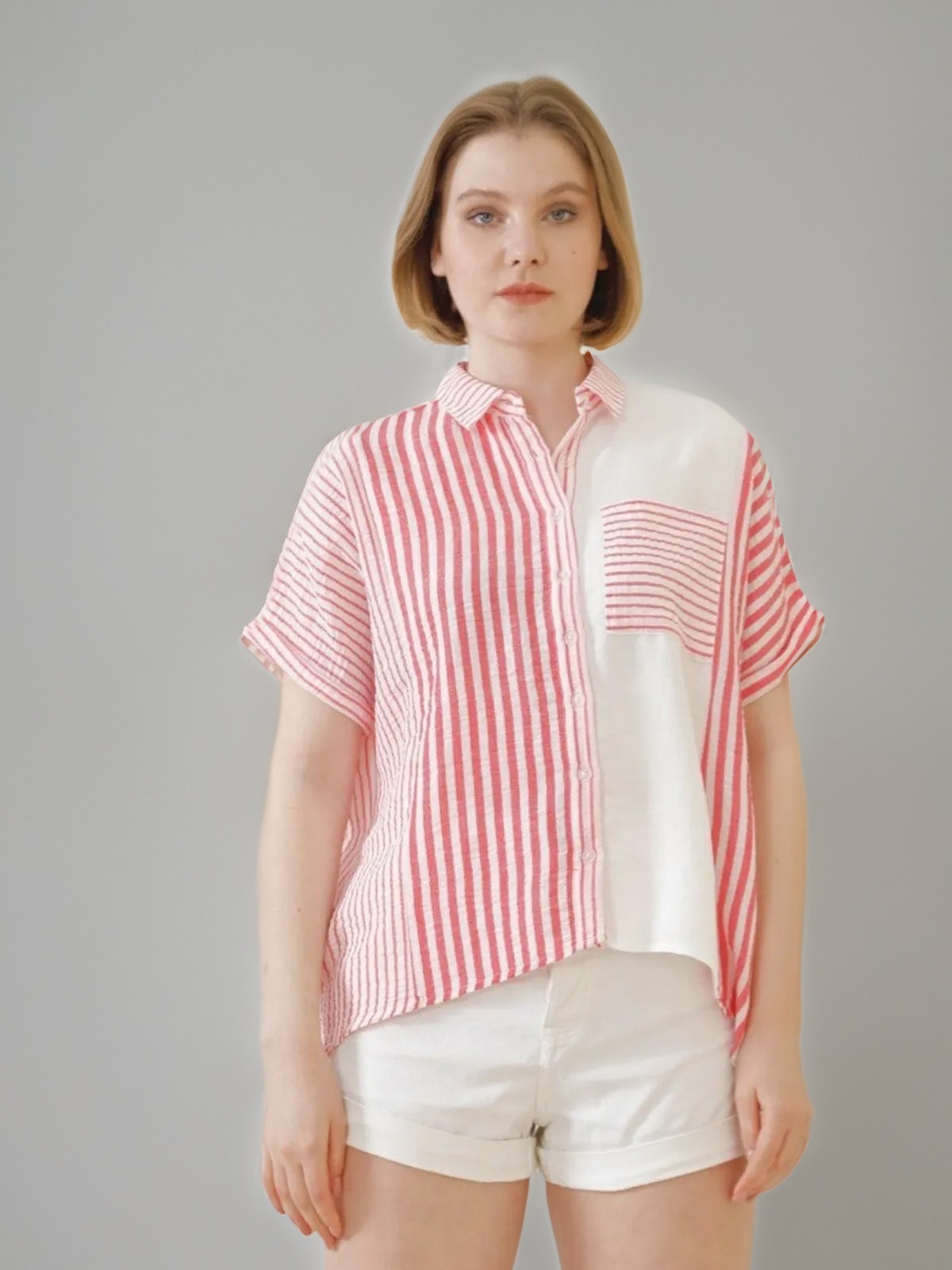 Kadın Keten Oversize Pembe Cizgili Beyaz Kısa Kollu Gömlek