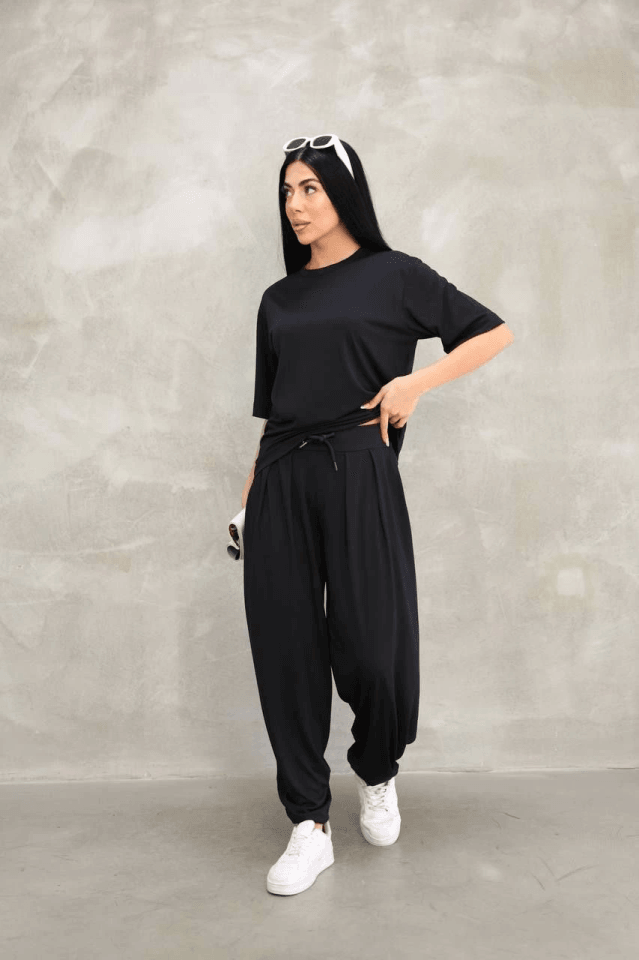 Osy Modal Yumuşak Dokulu Kumaş Oversize Bisiklet Yaka T-shirt Jogger Eşofman Altı Eşofman Takımı - Siyah