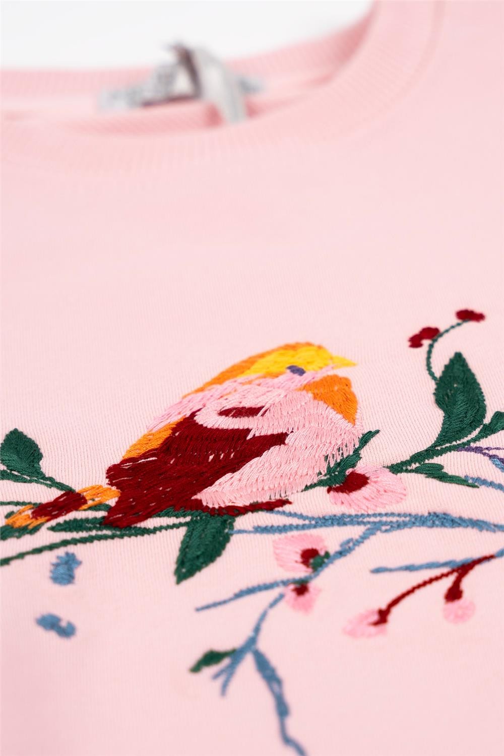 Kız Çocuk Pembe Uzun Kollu Kuş Nakış Detaylı Kışlık Sweatshirt