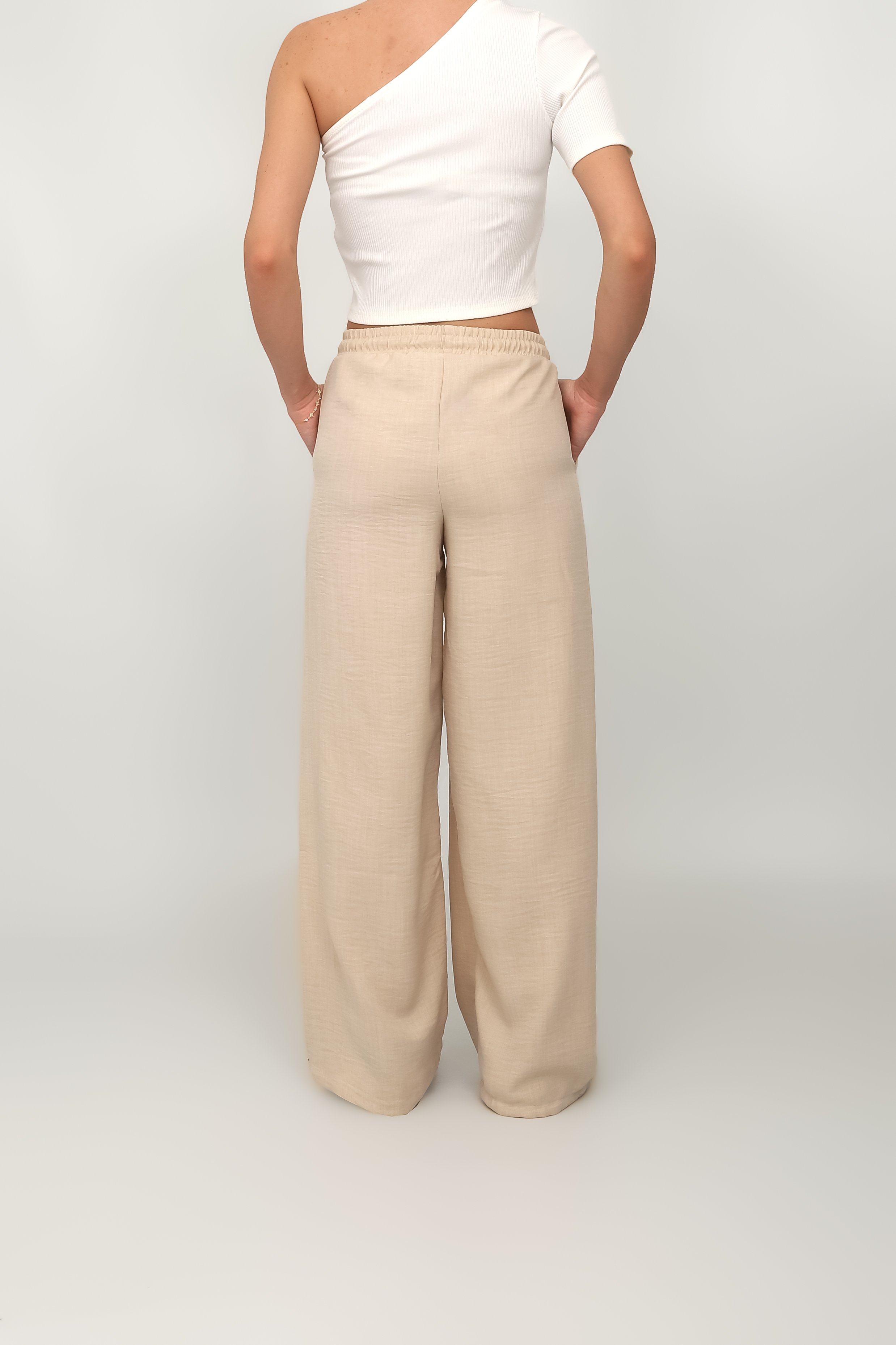 Kadın Beli Lastikli Geniş Paça Keten Pantolon