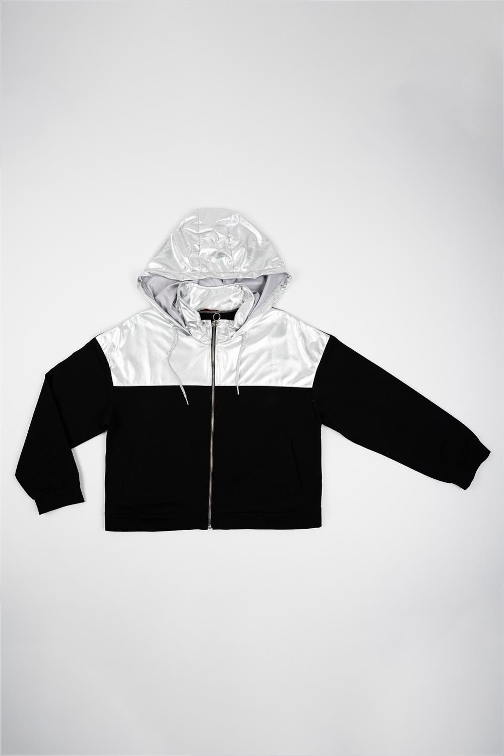 Kadın Siyah Üstü Lame Fermuarlı Kapşonlu Sweatshirt