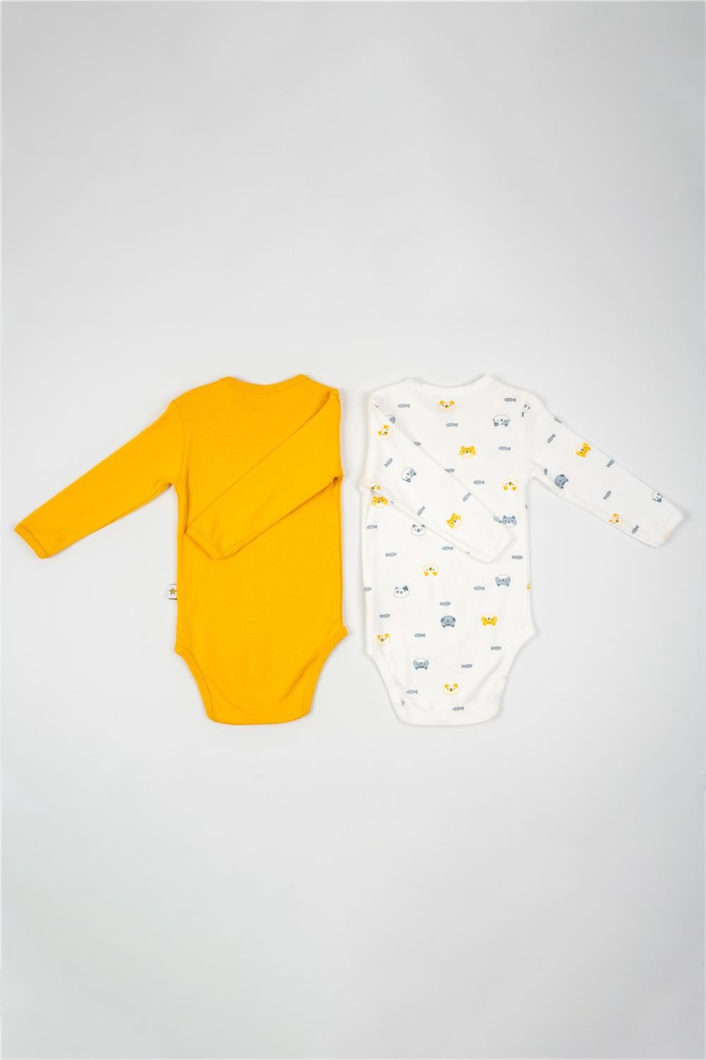 Unisex Bebek Sarı Beyaz Hayvan Desenli İkili Çıtçıtlı Zıbın Takım