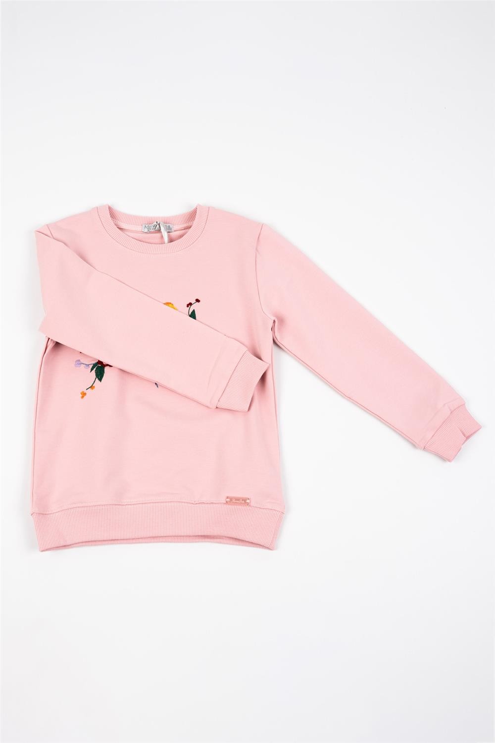Kız Çocuk Pembe Uzun Kollu Kuş Nakış Detaylı Kışlık Sweatshirt