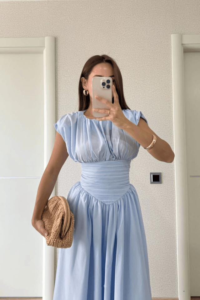 Kolsuz Bel Detaylı Yazlık Poplin Kumaş Uzun Elbise - Mavi