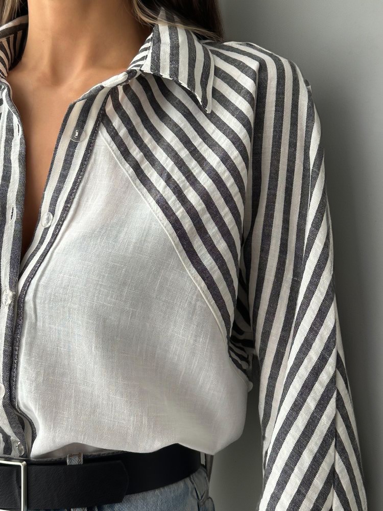 Kadın Keten Oversize Siyah Cizgili Beyaz Gömlek