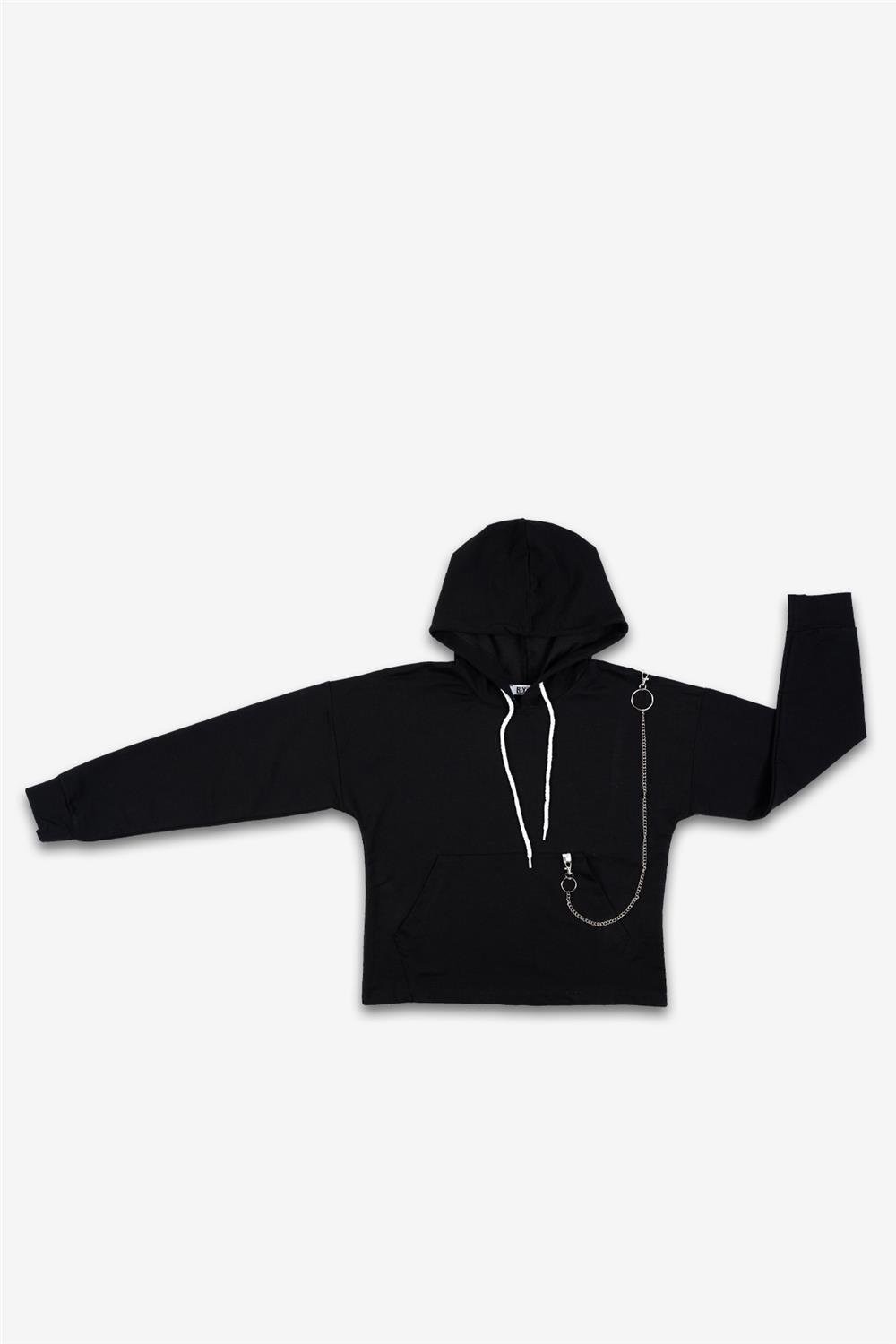 Kadın Siyah Kapşonlu Cepli Zincirli Sweatshirt