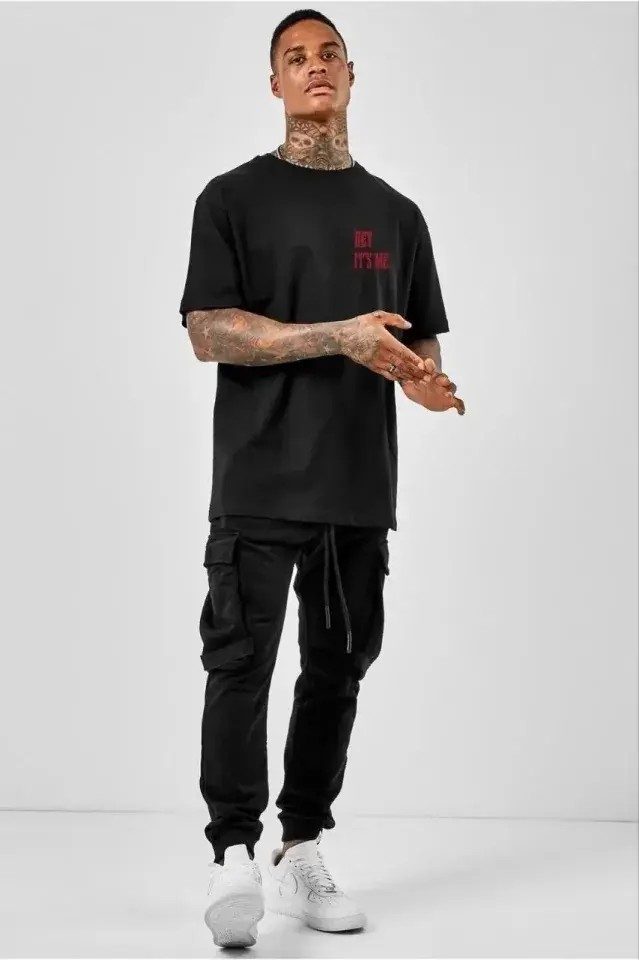 Unisex Bisiklet Yaka Oversize Baskılı T-Shirt - Siyah