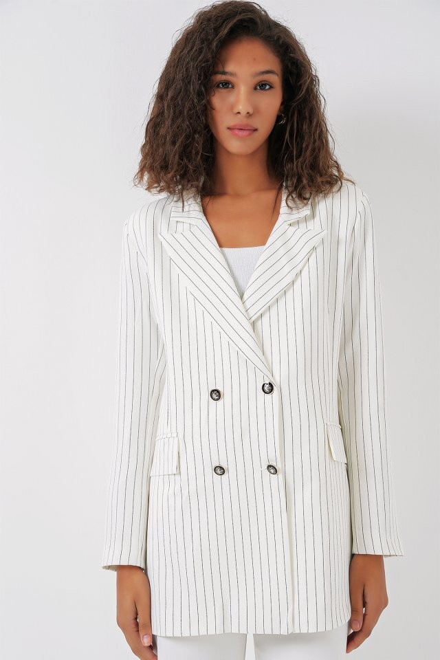Beyaz Çift Düğmeli Çizgili Blazer Ceket 0699