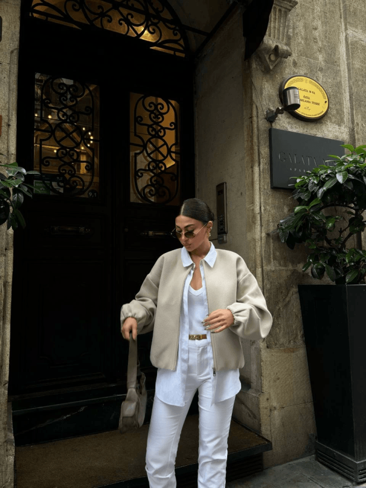 Simala Kadın Bej Kaşe Kaşmir Fermuarlı Ceket