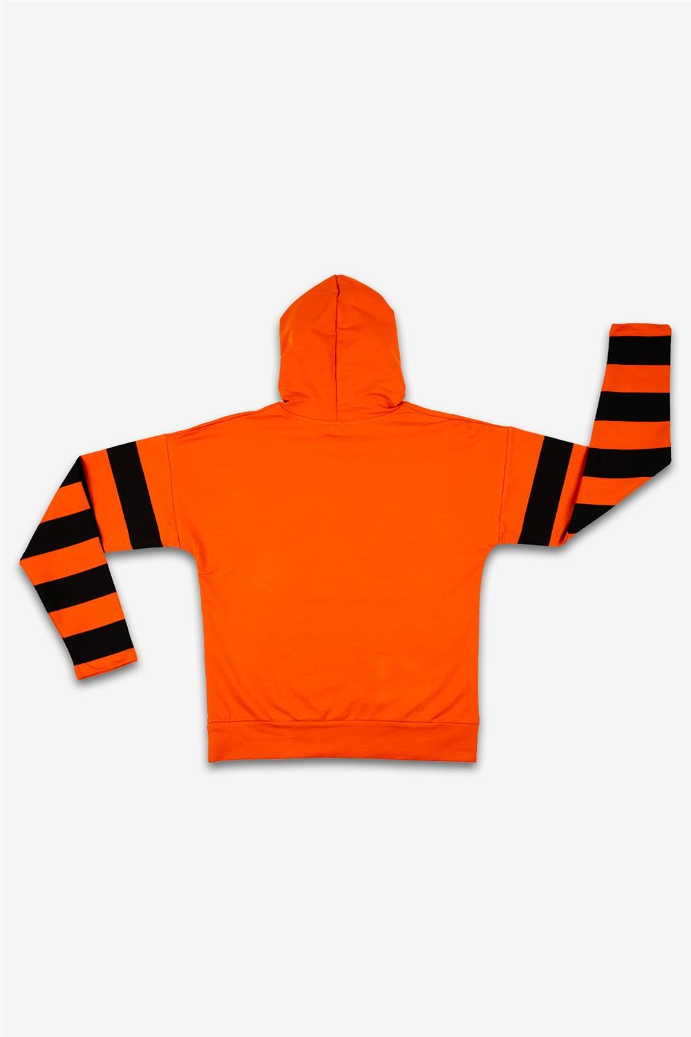 Kadın Turuncu Kolları Siyah Çizgili Kapşonlu Sweatshirt
