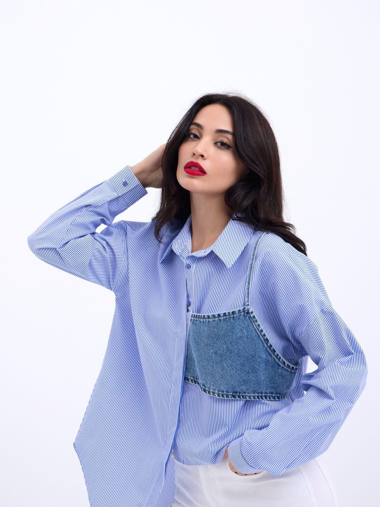Simala Kadın Trend Detaylı Mavi Çizgili Gömlek 