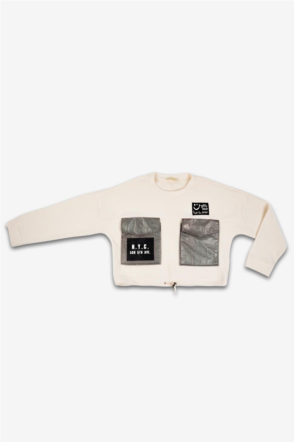 Kadın Krem Gümüş Cepli Polar Sweatshirt