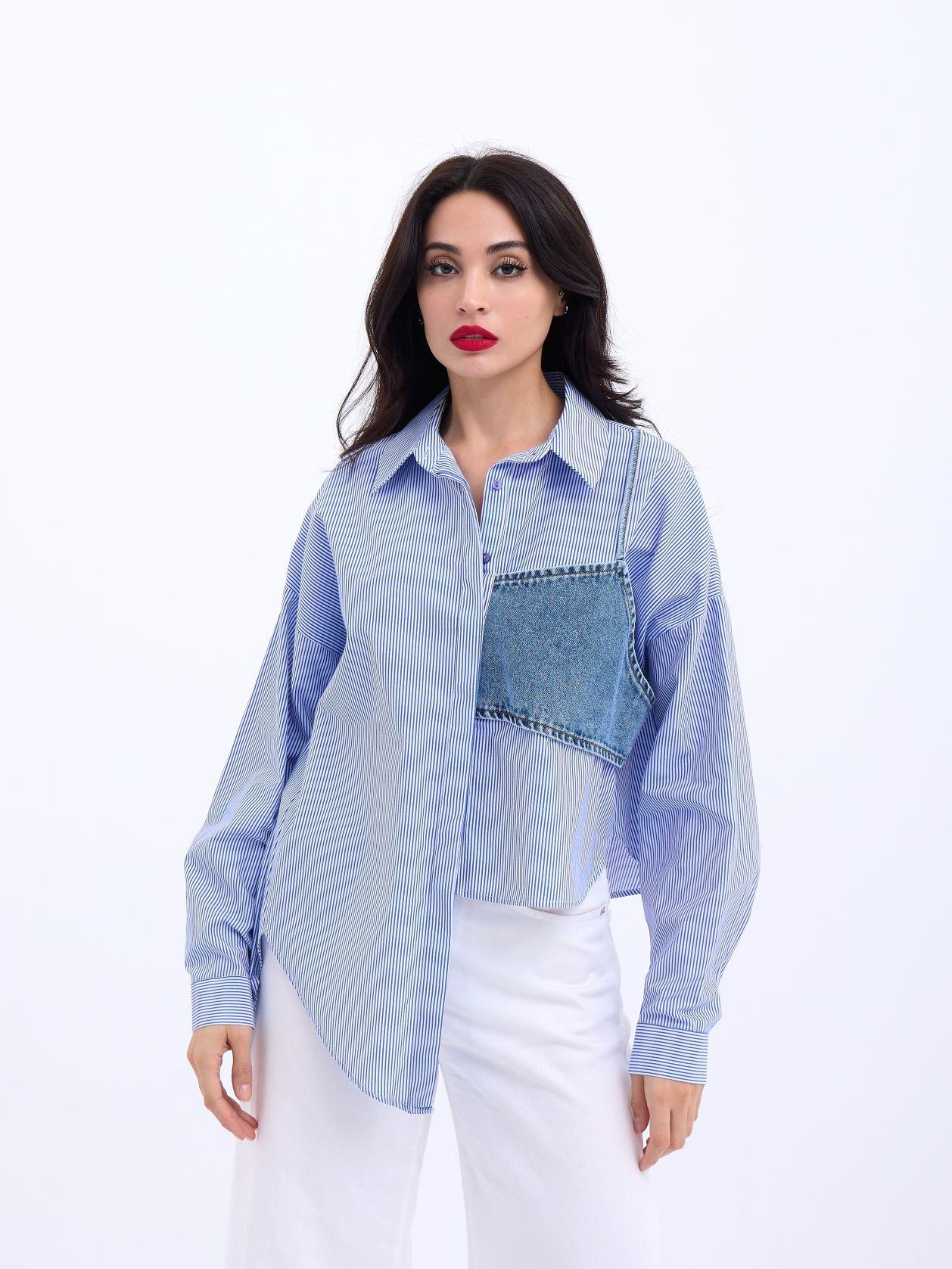 Simala Kadın Trend Detaylı Mavi Çizgili Gömlek 