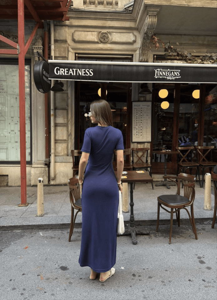 Osy Modal Yumuşak Dokulu Kumaş Bisiklet Yaka Kısa Kollu Kuşaklı Uzun Elbise - Mavi
