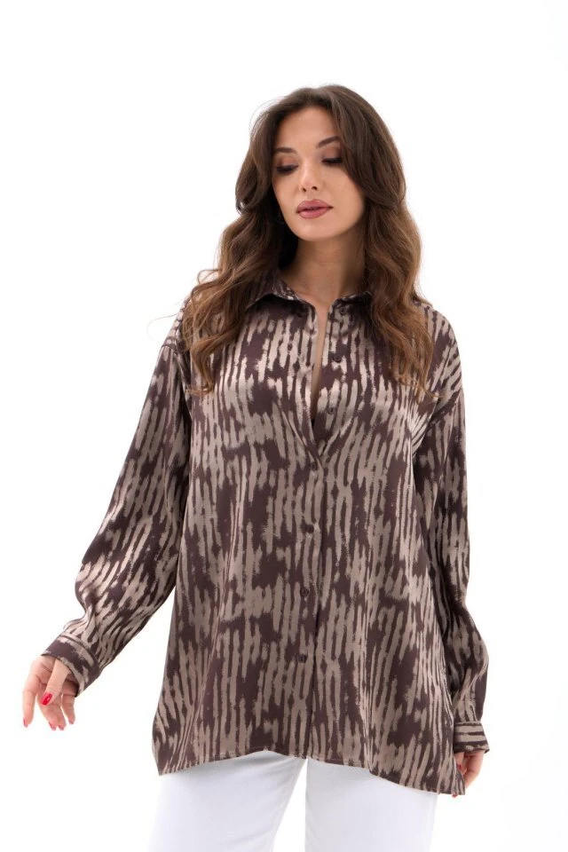 Simala Kadın Şık Uzun Kollu Desenli Rahat Gömlek 