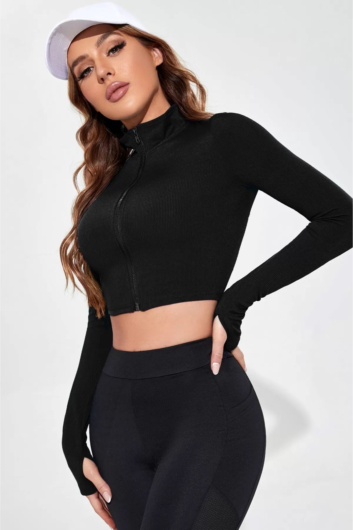 Kadın Fermuarlı Parmak Geçme Detaylı Top Bluz Dik Yaka Uzun Kol Crop