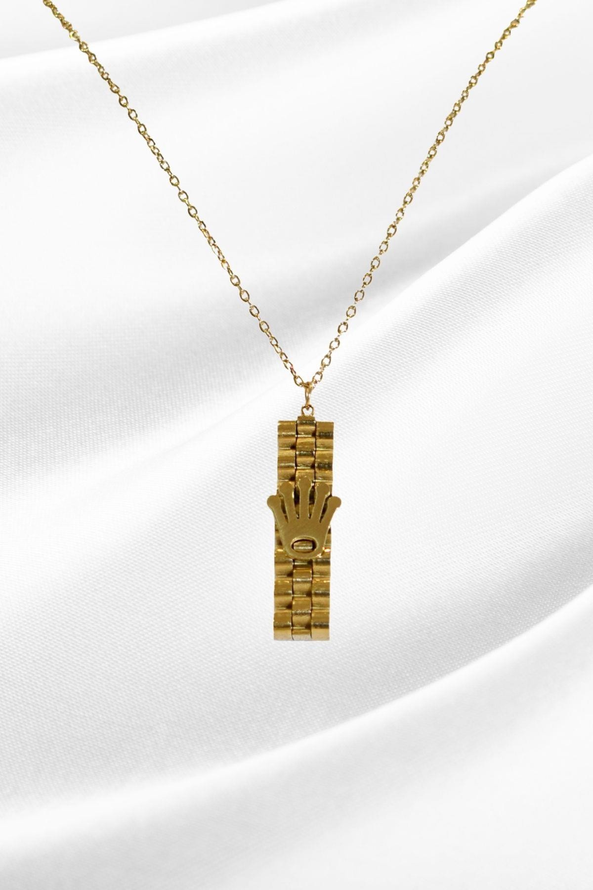Çelik Gold Renk Kordon Taç Model Kadın Kolye