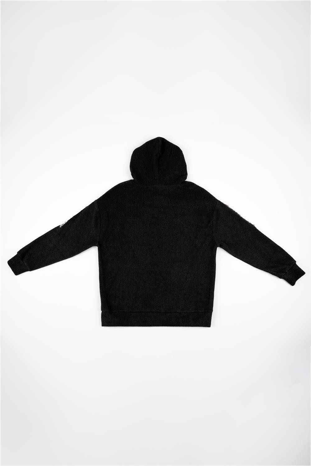Kadın Gri Omuzdan Kola Pullu Kapşonlu Cepli Sweatshirt