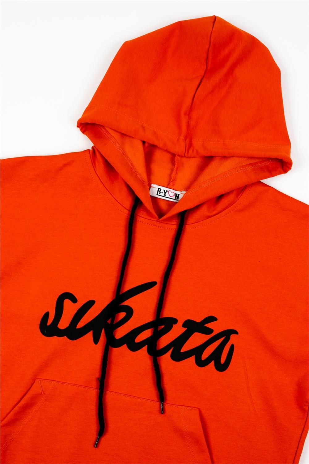 Kadın Turuncu Kolları Siyah Çizgili Kapşonlu Sweatshirt