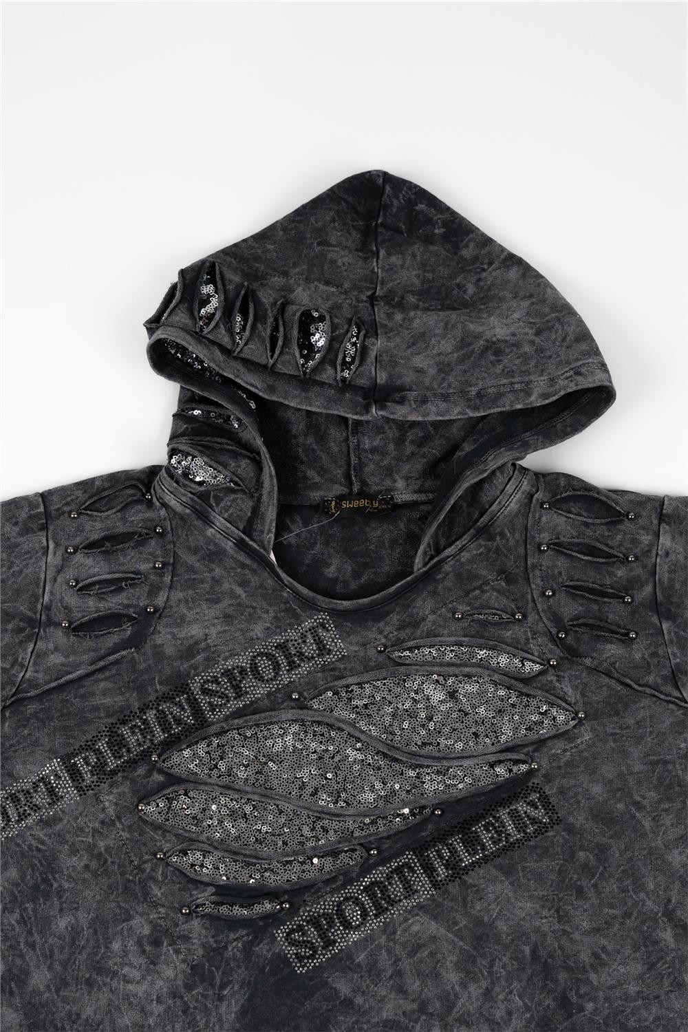 Kadın Gri Mermer Desenli Uzun Sweatshirt