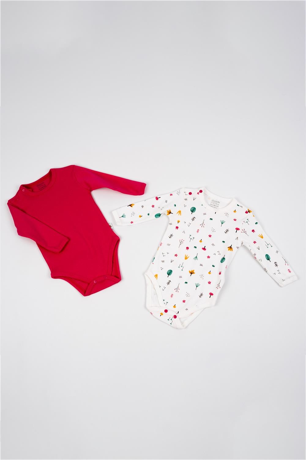 Unisex Bebek Pembe Beyaz Ağaç Desenli İkili Çıtçıtlı Zıbın Takım