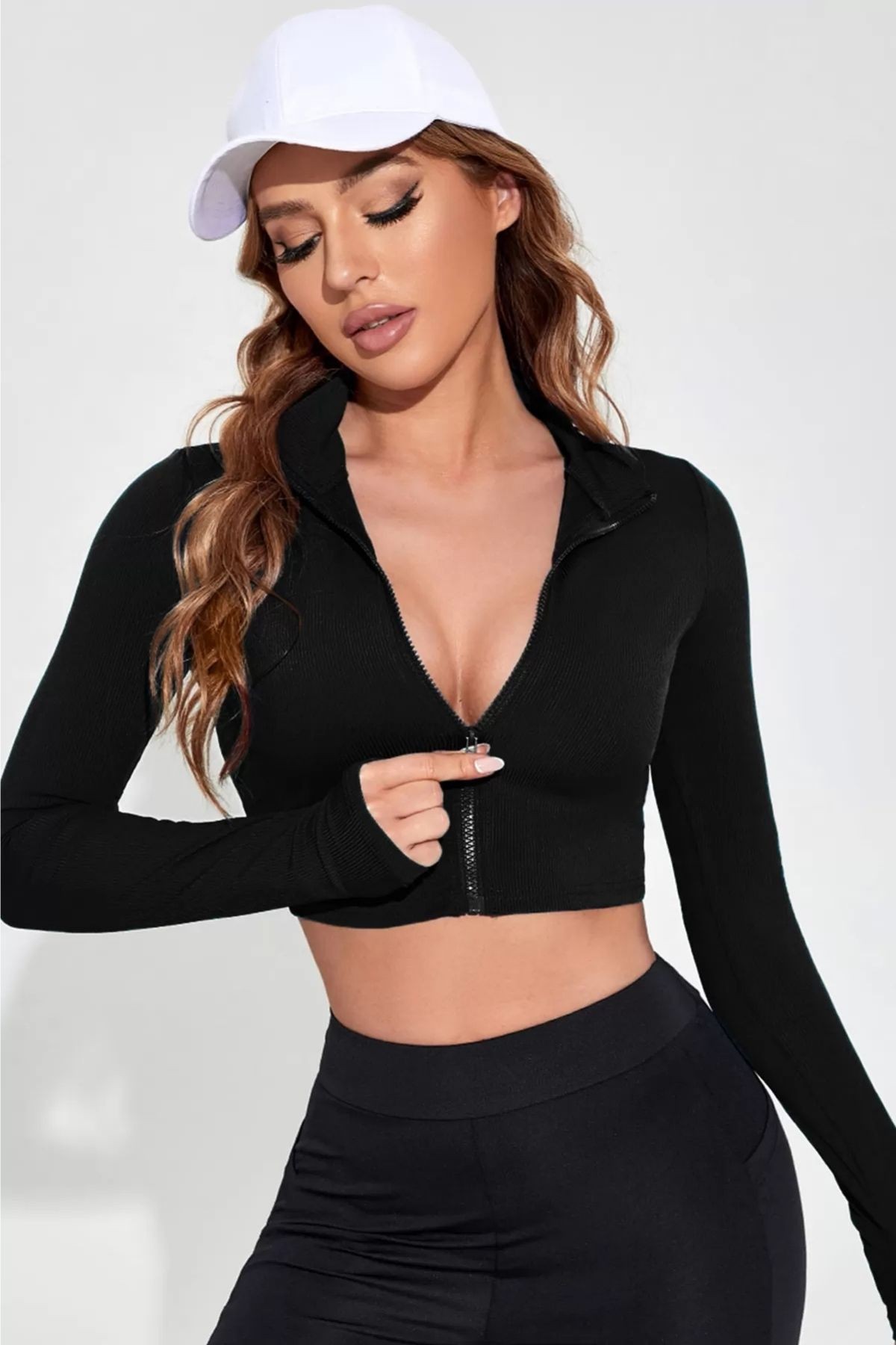 Kadın Fermuarlı Parmak Geçme Detaylı Top Bluz Dik Yaka Uzun Kol Crop