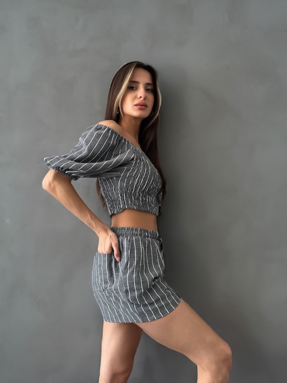 Kadın Antrasit Ikili Keten Crop Şort Astarlı Alt Üst Takım