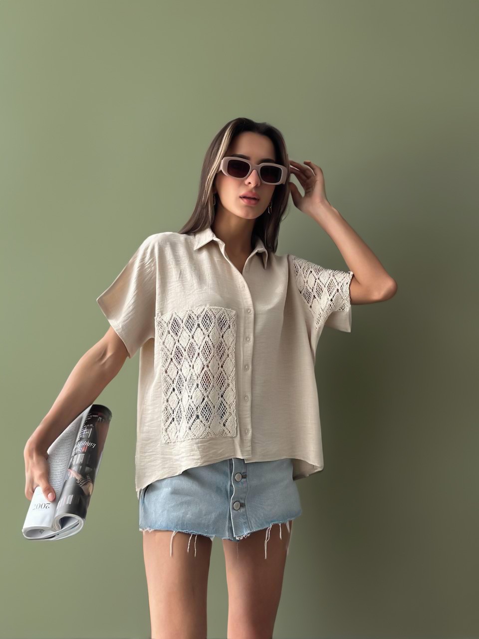 Kadın Keten Oversize Krem Dantel Detay Kısa Kollu Gömlek