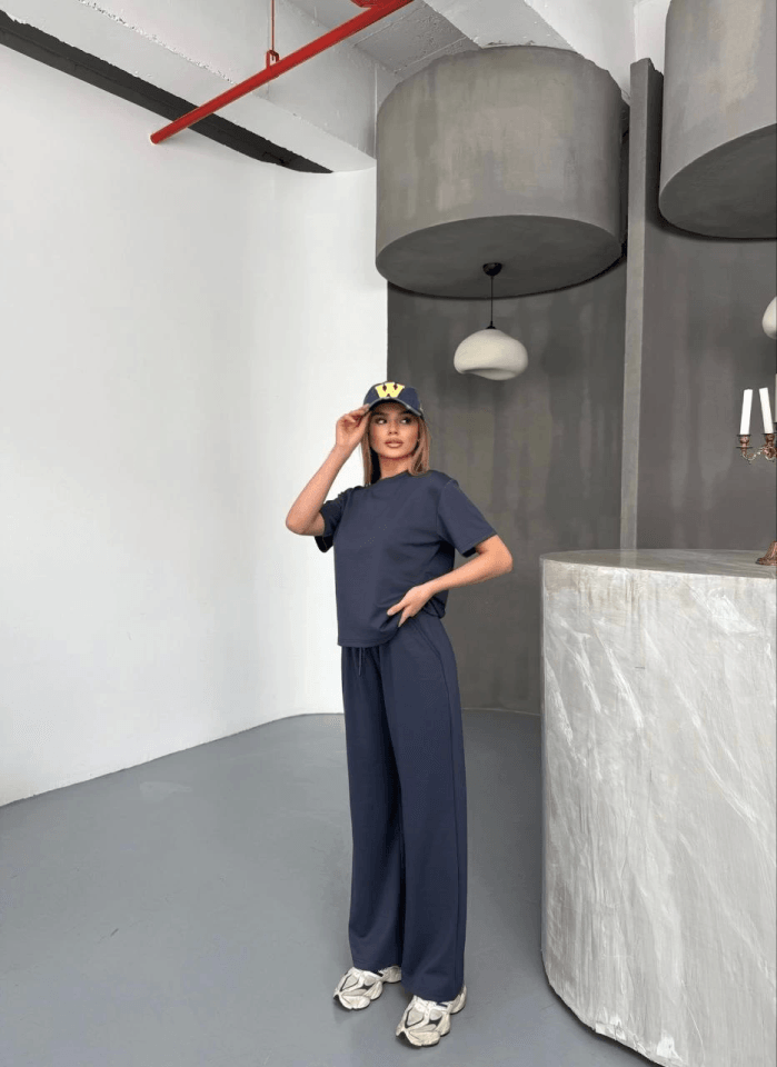Osy Modal Yumuşak Dokulu Kumaş Kısa Kollu Bluz Rahat Pantalon Ikili Takım- Füme