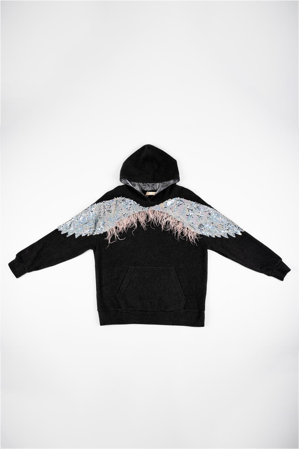 Kadın Gri Omuzdan Kola Pullu Kapşonlu Cepli Sweatshirt