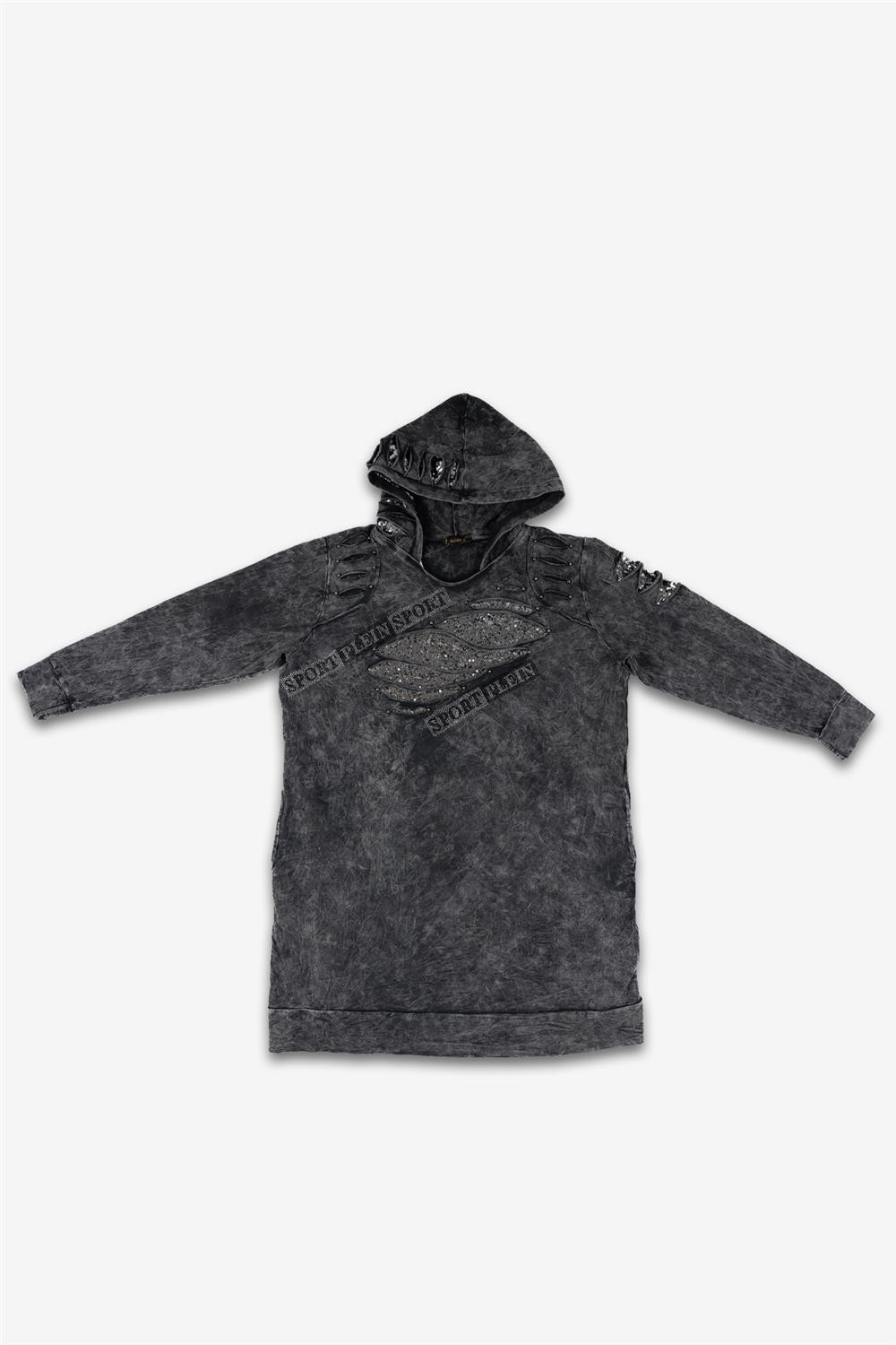Kadın Gri Mermer Desenli Uzun Sweatshirt