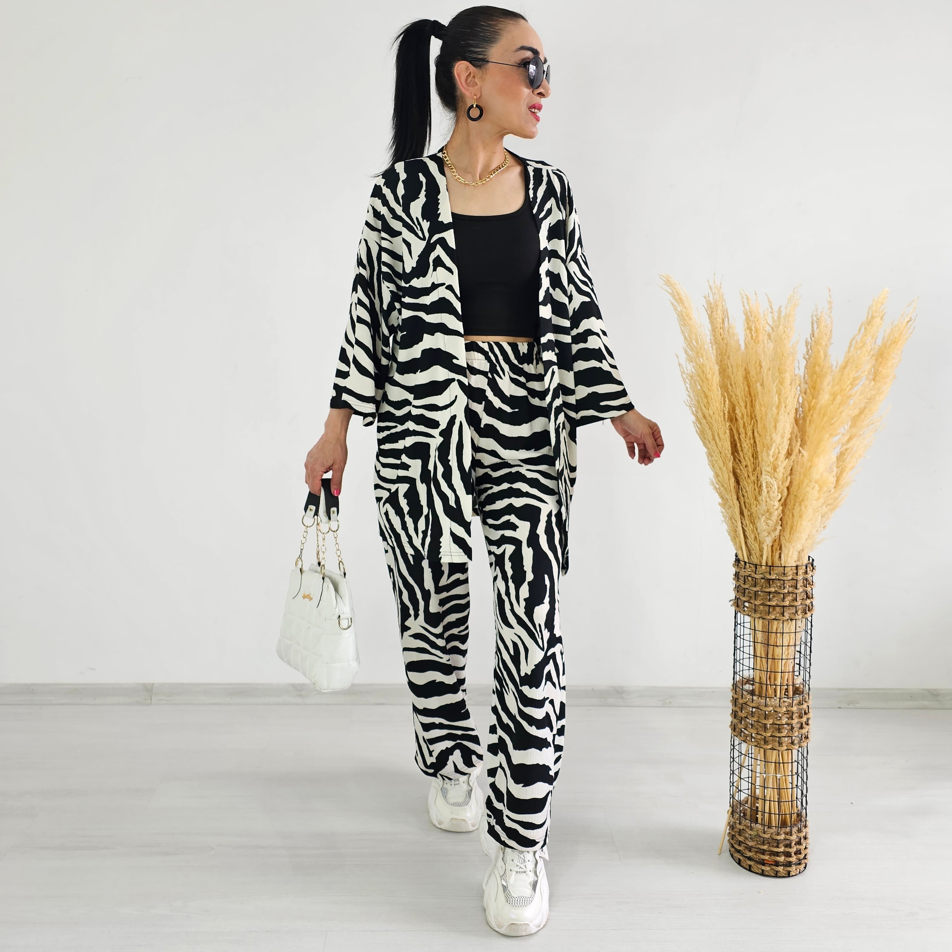 Tam bel Zebra Desen Kimono Takımı - SİYAH