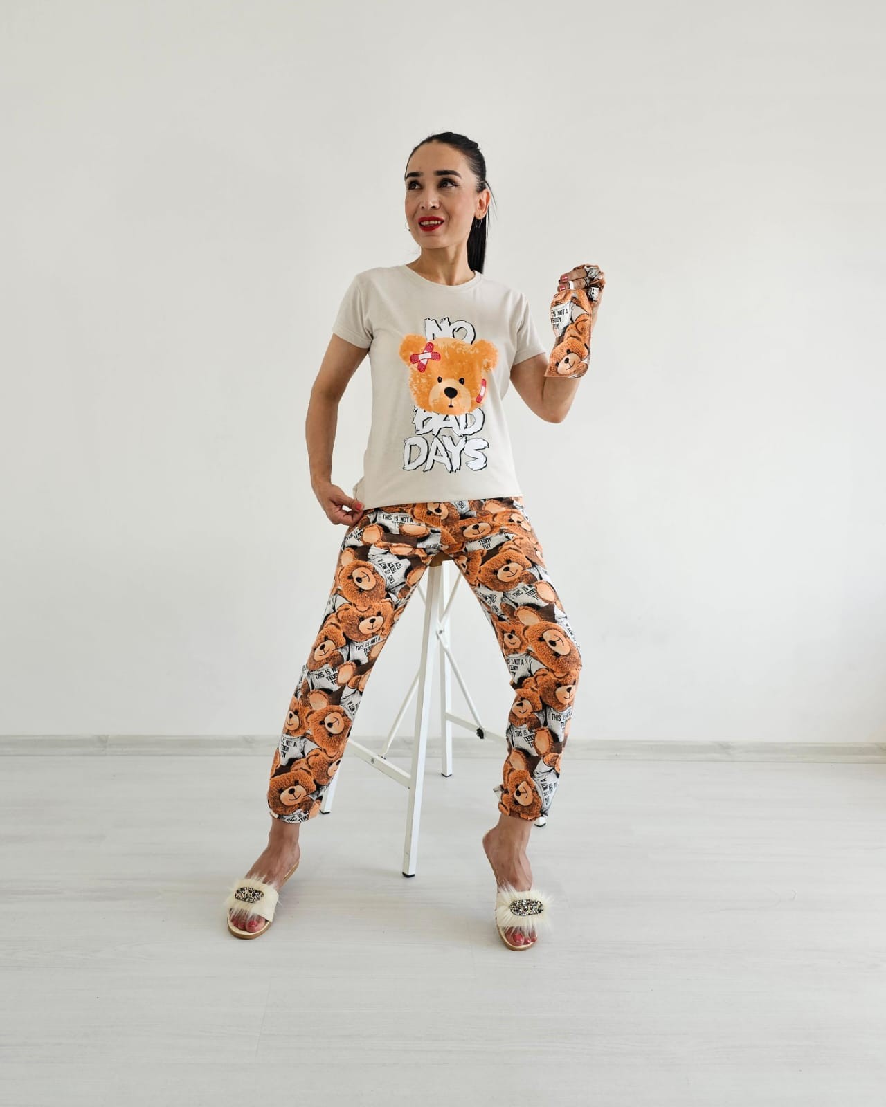 New Ayıcık Pijama Takımı - Krem