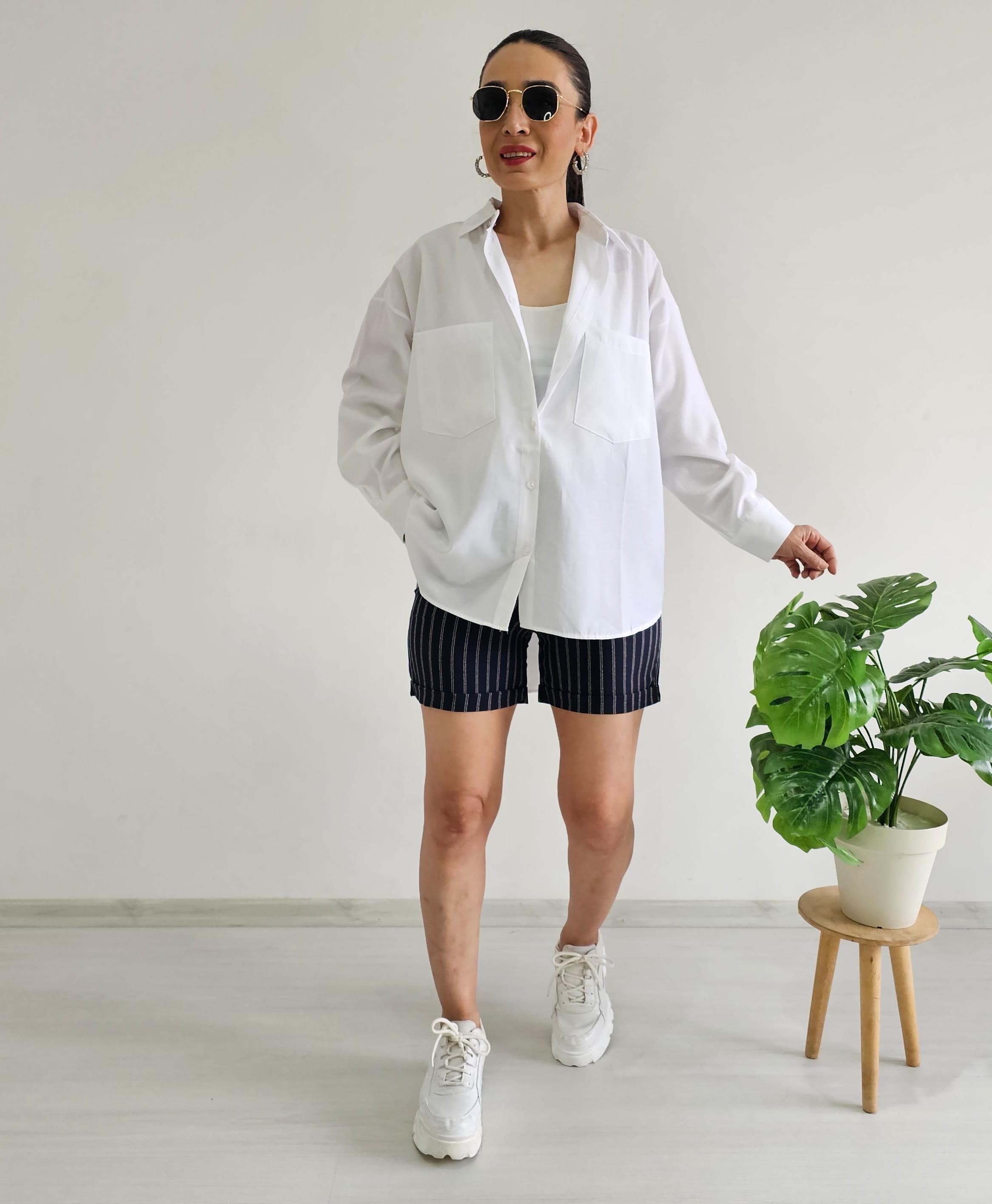 Çift Cepli Oversize Gömlek - BEYAZ