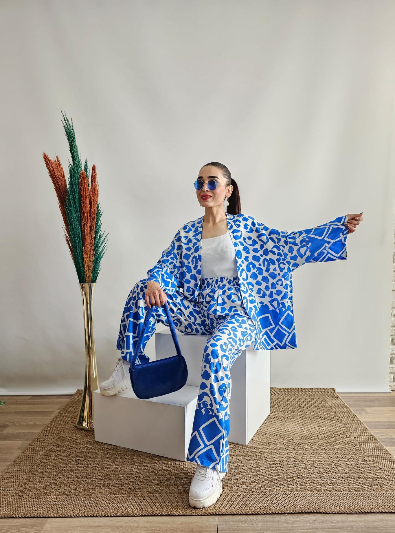 Taş Desen Viskon Kimono Takım - Mavi