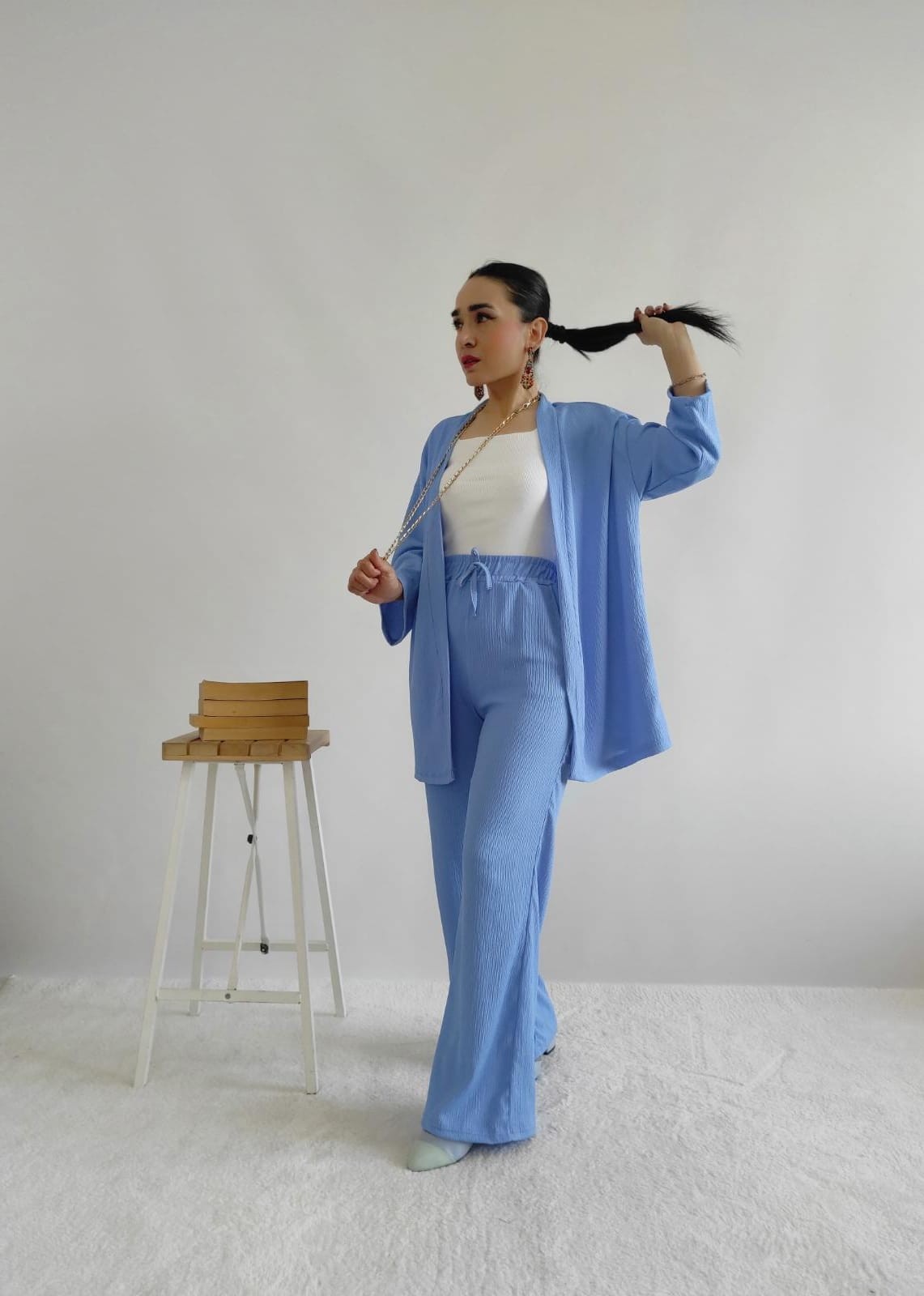 Düz Bol Paça Bürümcek Kimono Takım-bebe mavi