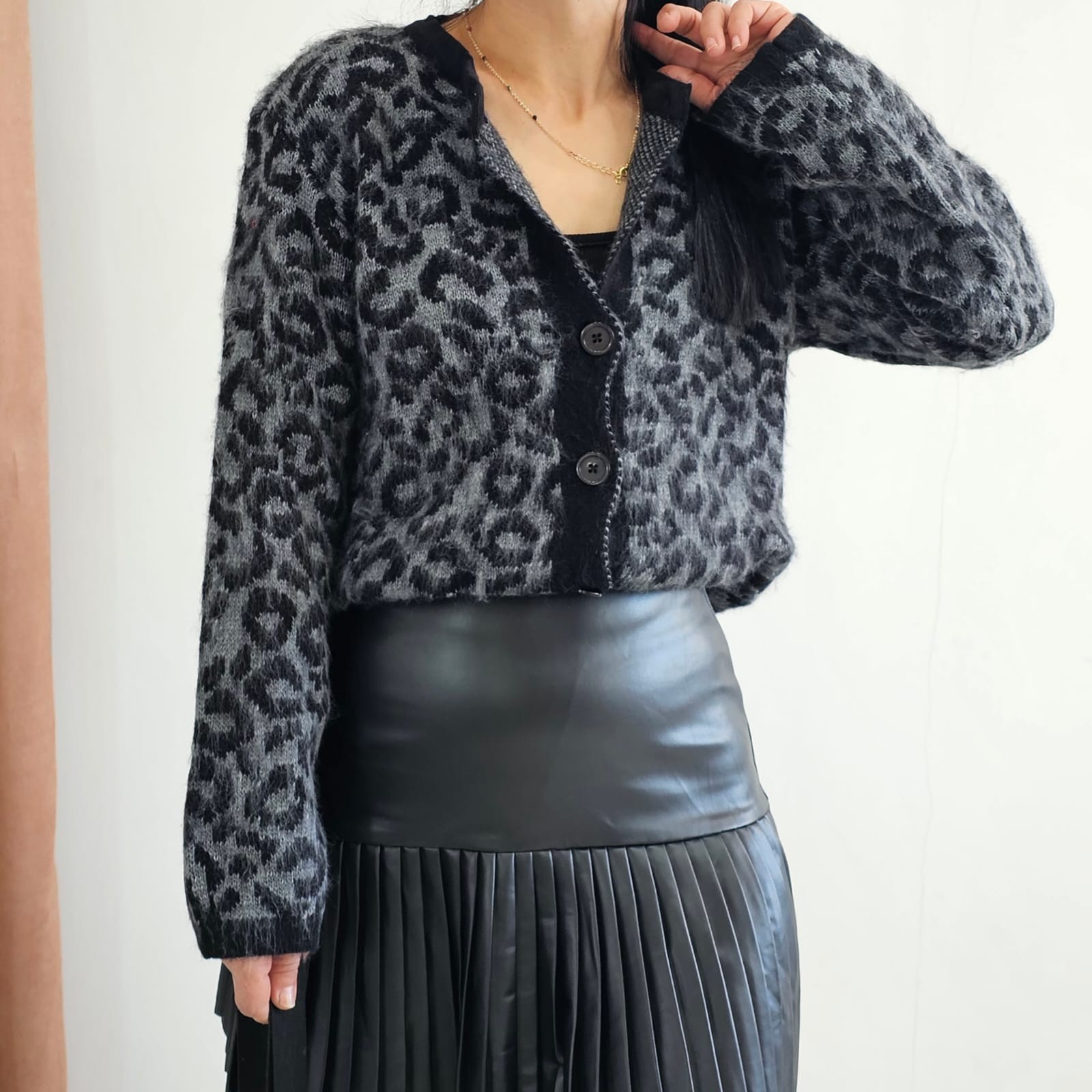 Düğme Detay Leopar Ceket  - GRİ