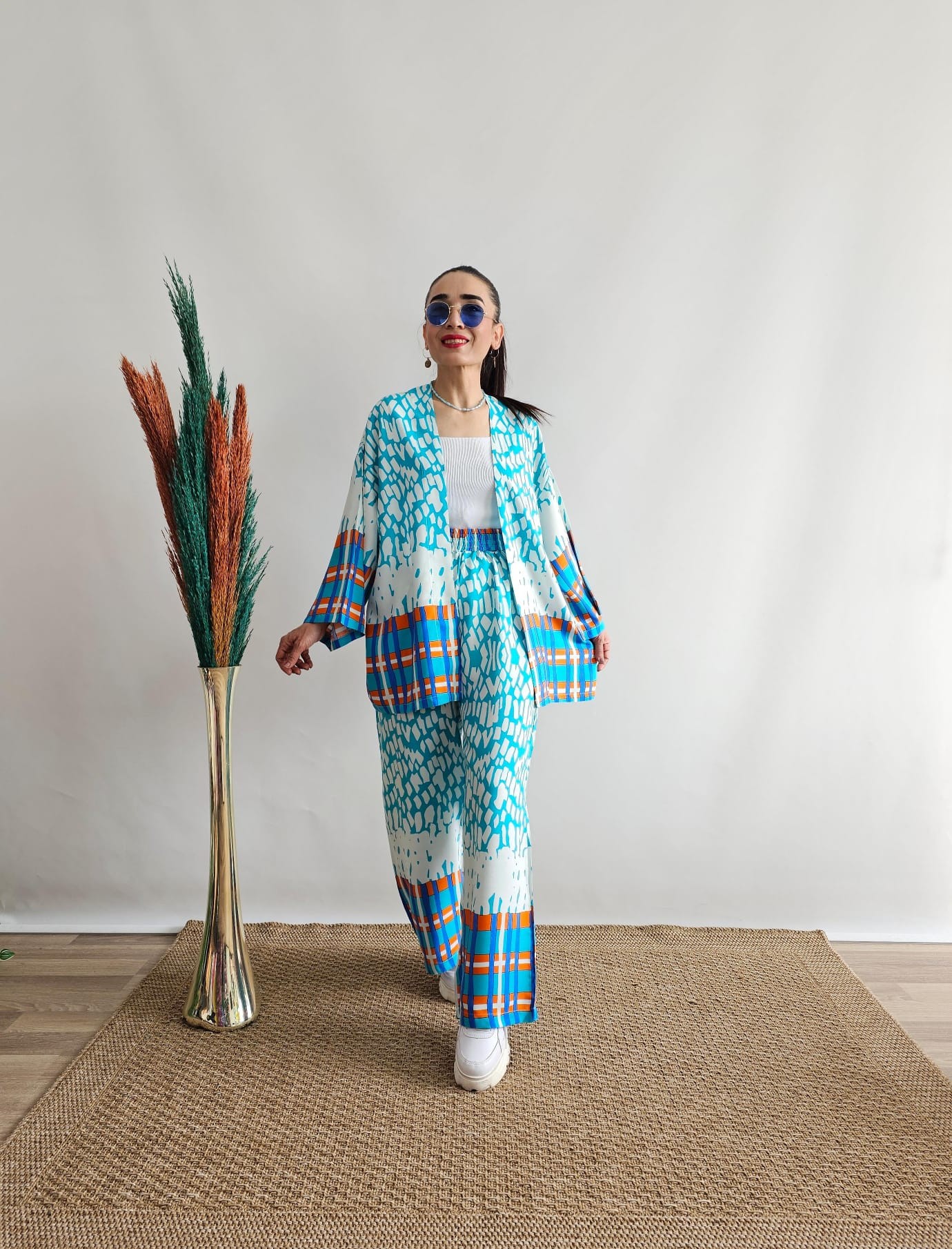 Taş Desen Viskon Kimono Takım - BULUT MAVİ
