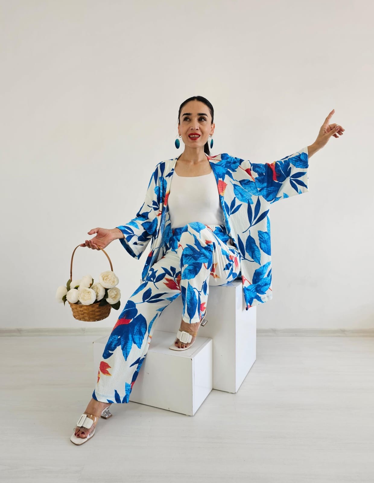 Zulaa Büyük Yaprak Desenli Kimono Takımı - Mavi