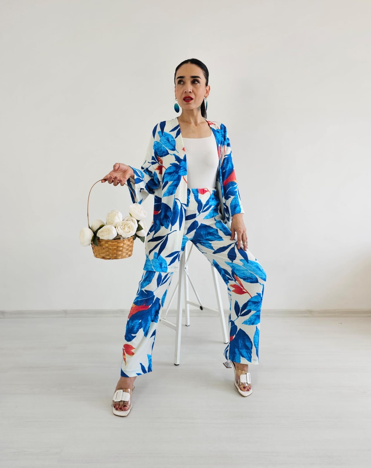 Zulaa Büyük Yaprak Desenli Kimono Takımı - Mavi