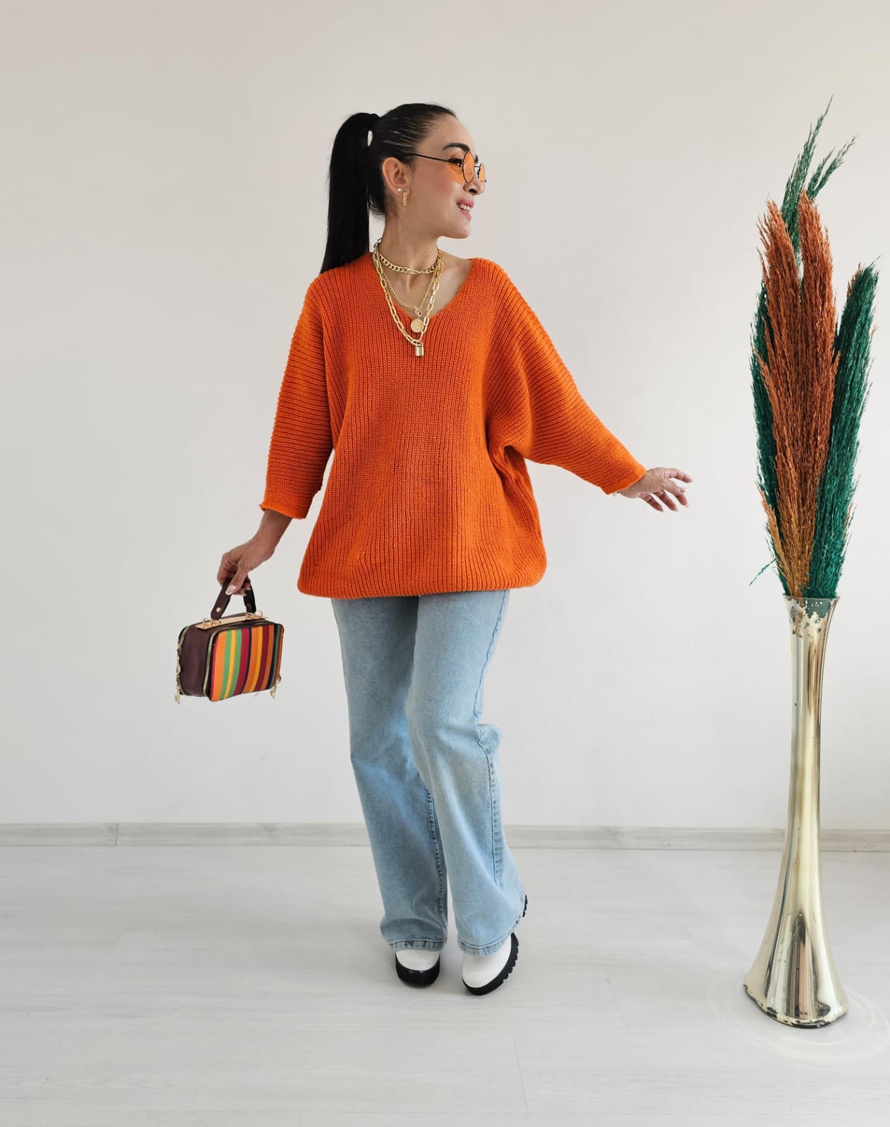 Yarasa Kol Örme Kazak - TURUNCU