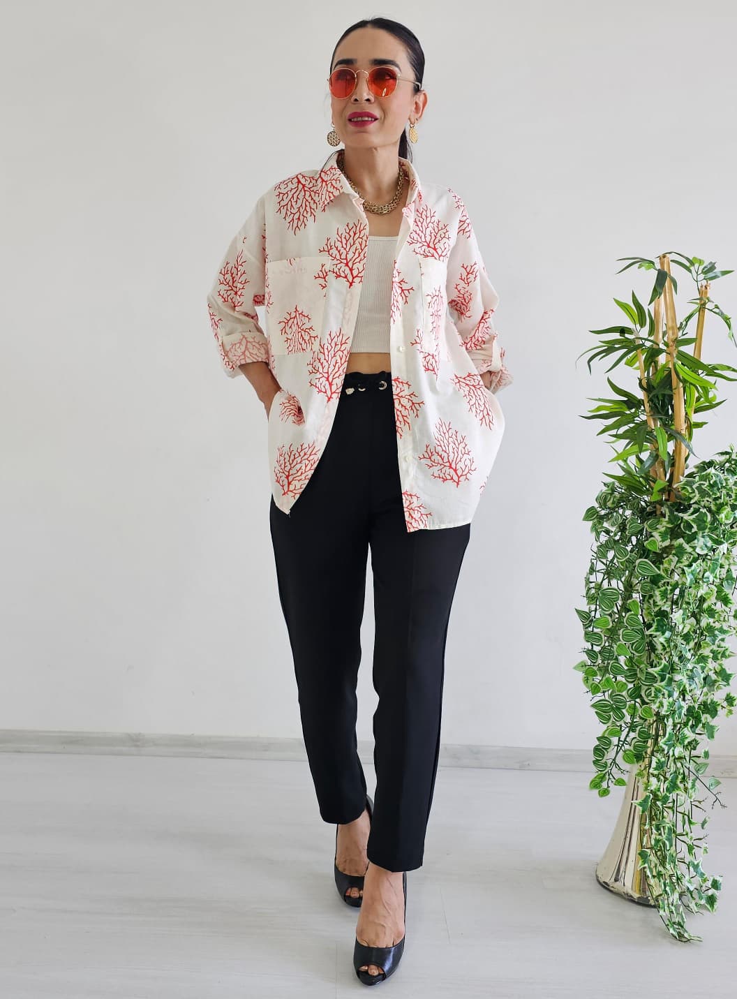 Yaprak Desen Gömlek - Pembe