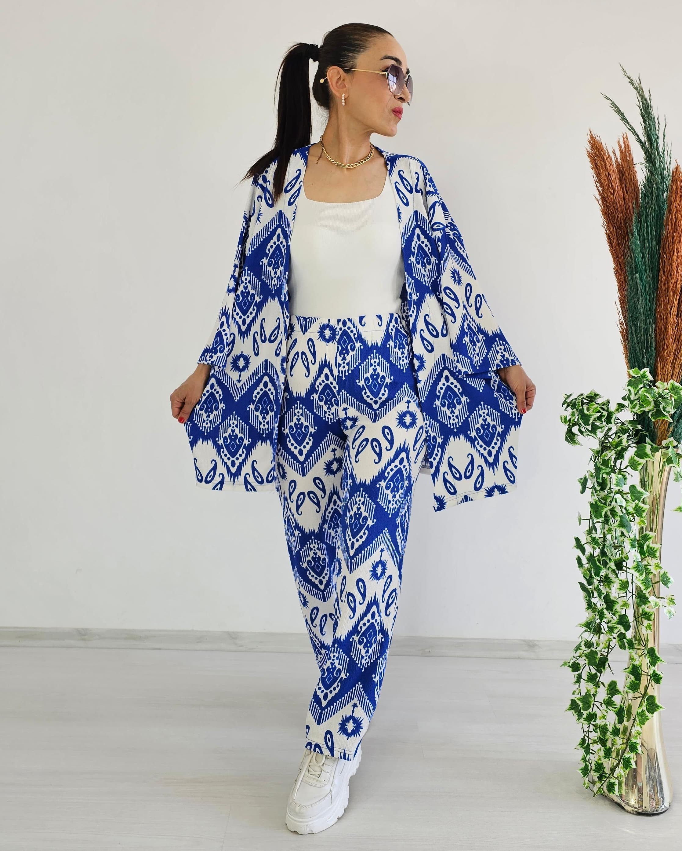 Tam Bel Boru Paça Desenli Kimono Takımı - Mavi