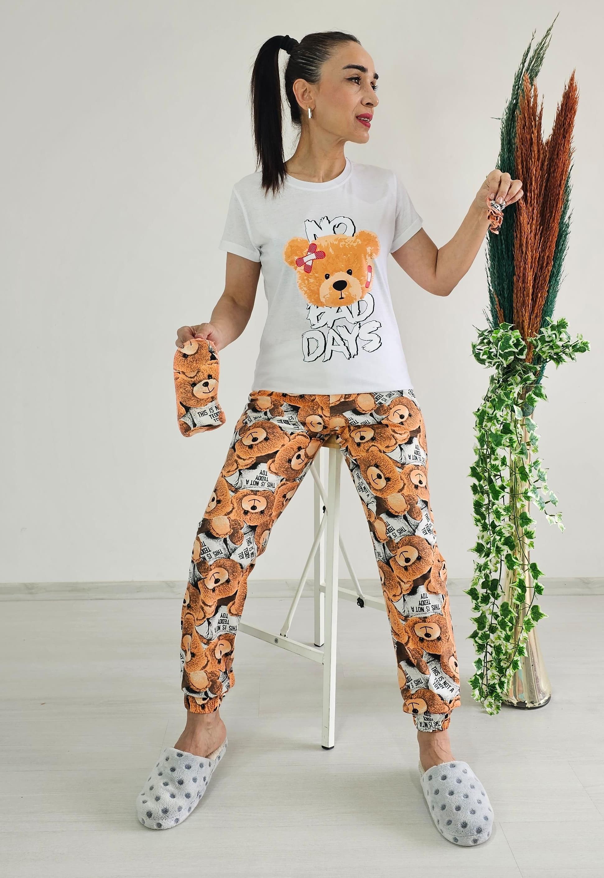 New Ayıcık Pijama Takımı - BEYAZ