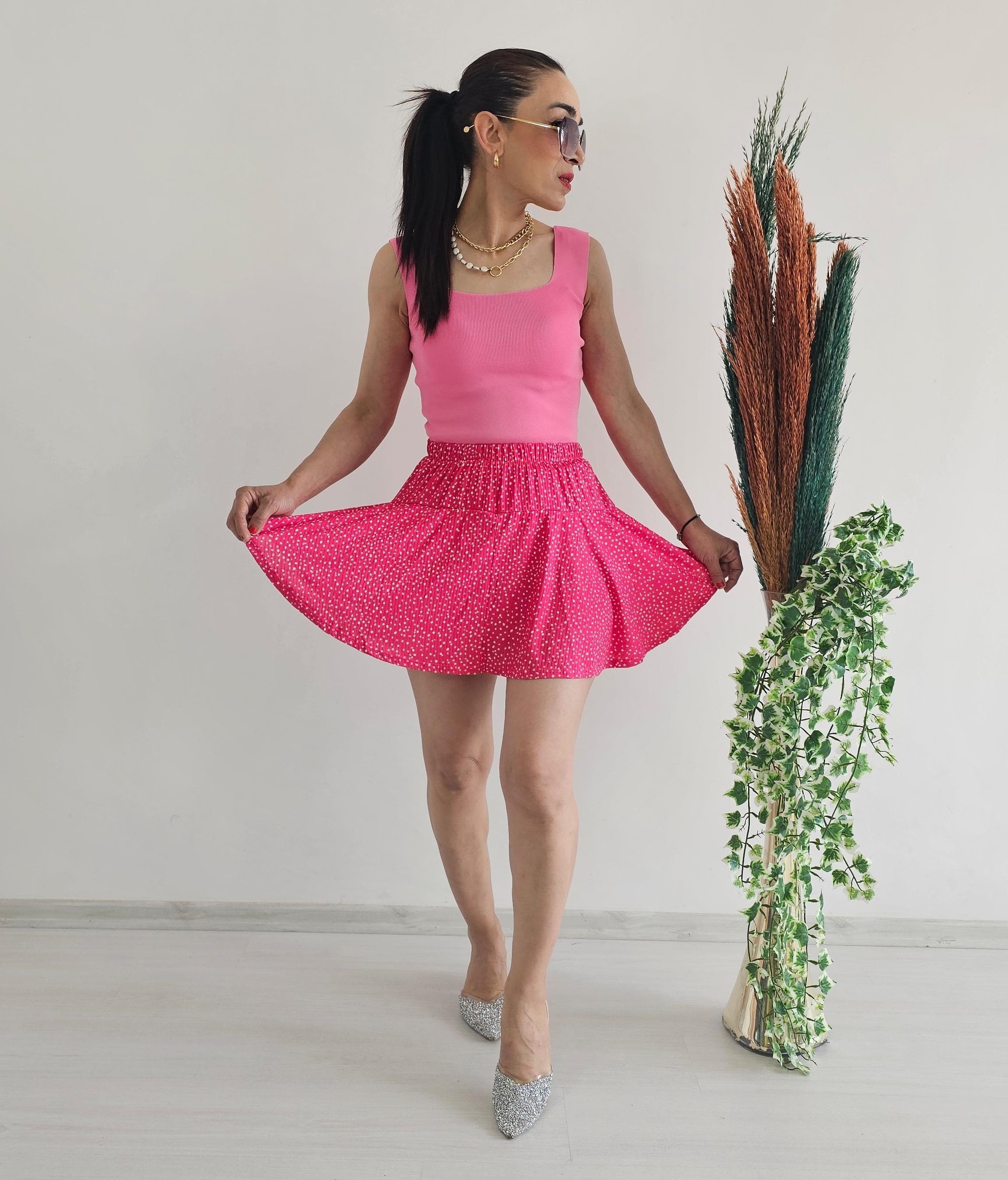 Puantiye Şort Etek - Pembe