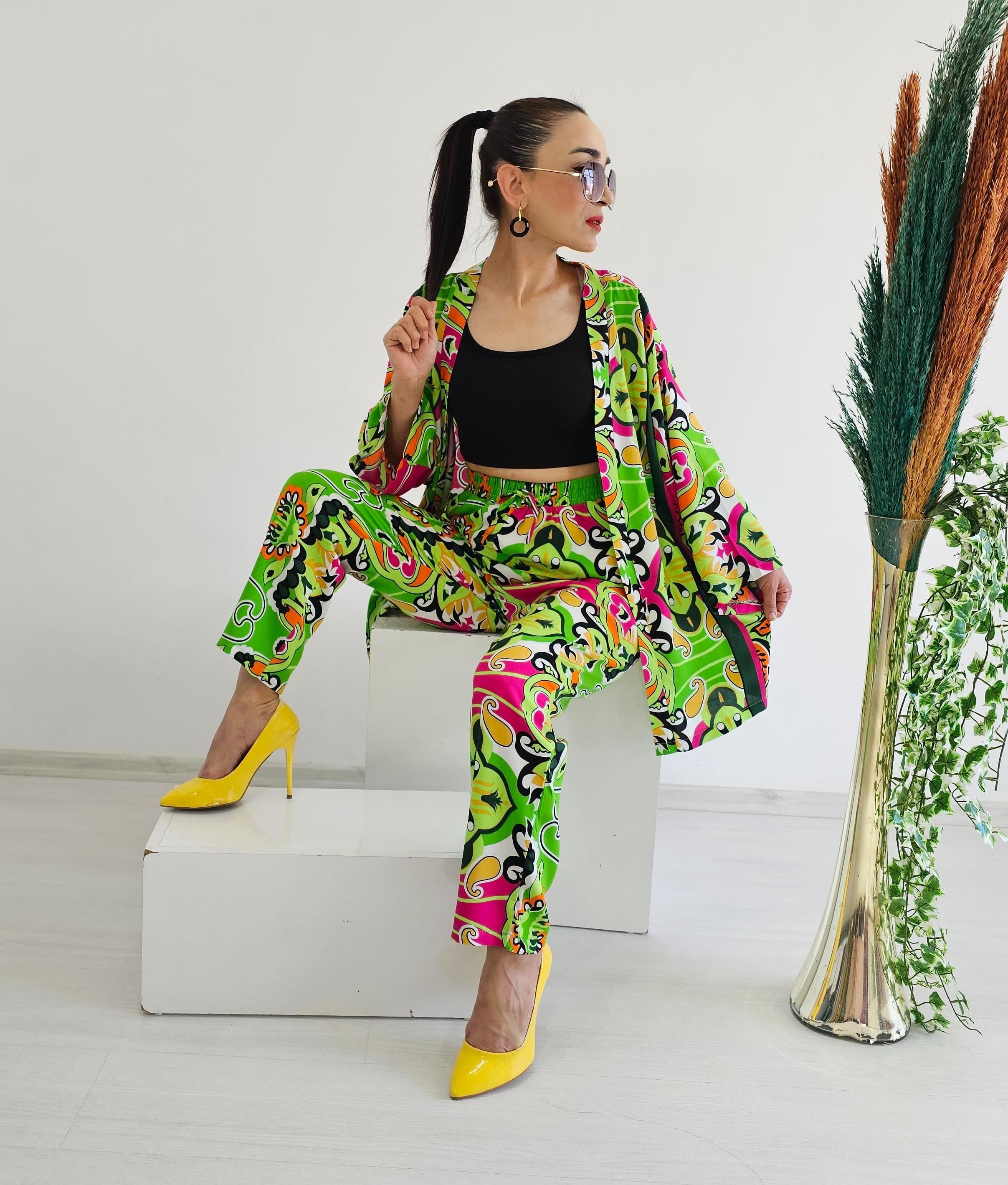 New Etnik Desen Havuç Kimono Takımı