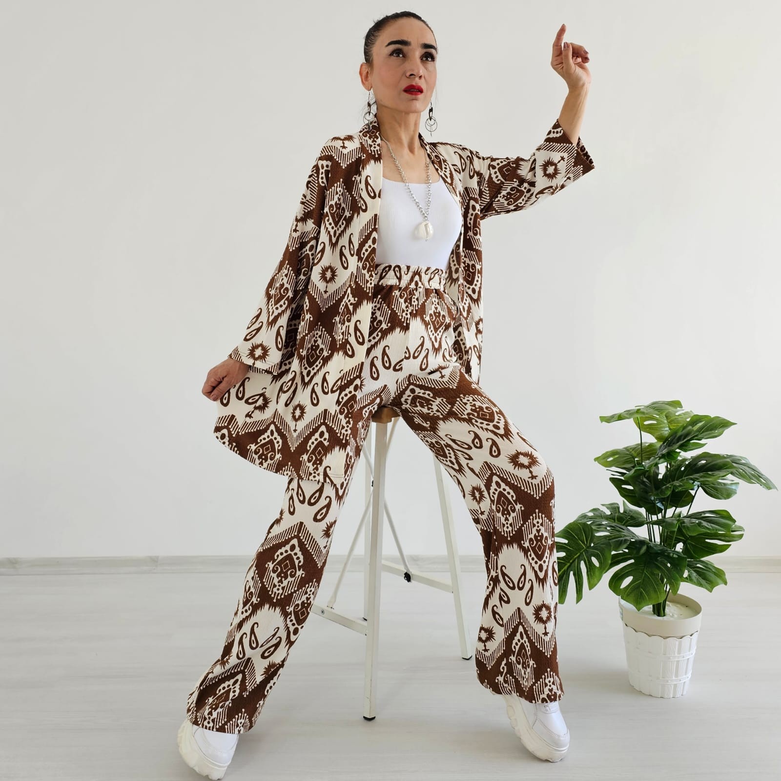 Trend Desenli Kimono Takımı - KAHVERENGİ