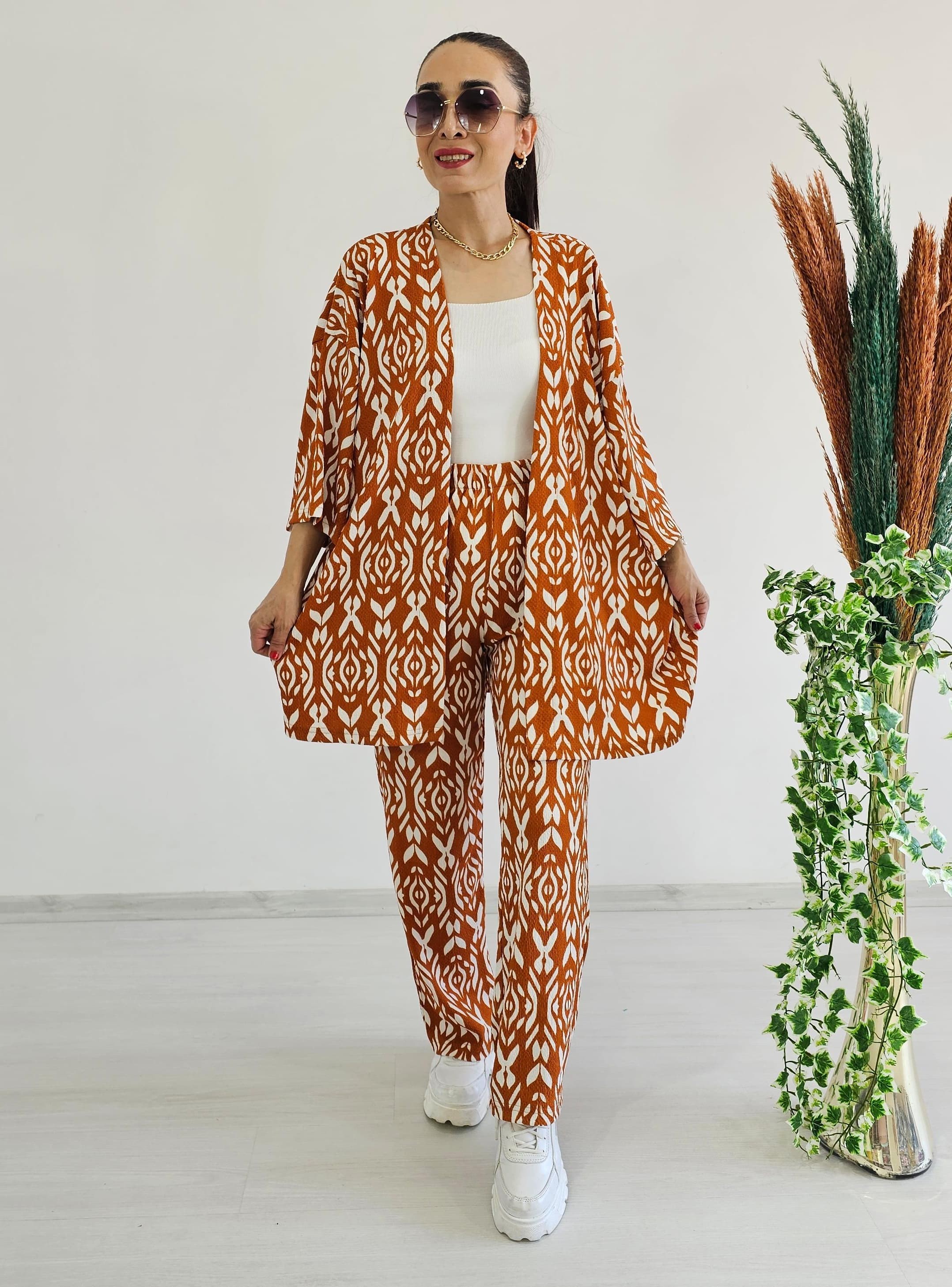 Zulaa Zincir Desen Kimono Takımı - KİREMİT