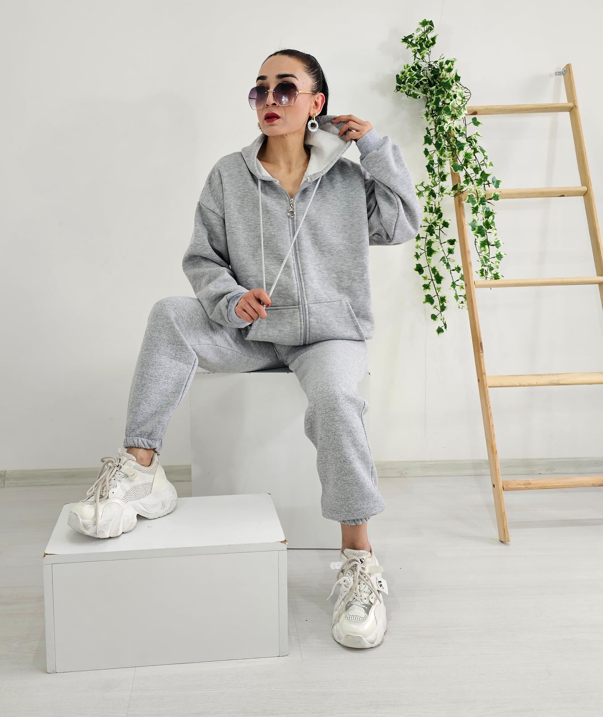 Fermuar Detay Kapşonlu Oversize Ceket - GRİ