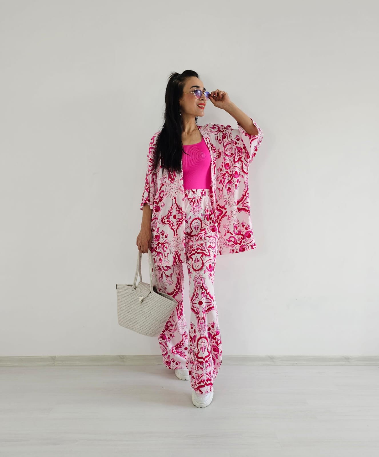 Karışık Desen Zulaa Kimono Takım - Pembe